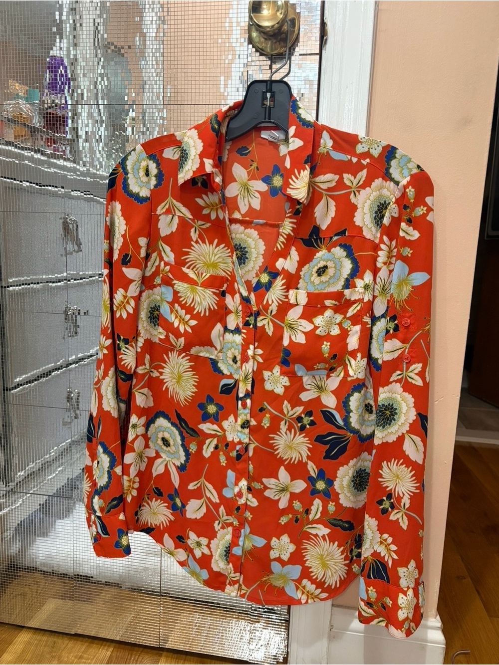 Express Orange Floral Button-Down Blouse